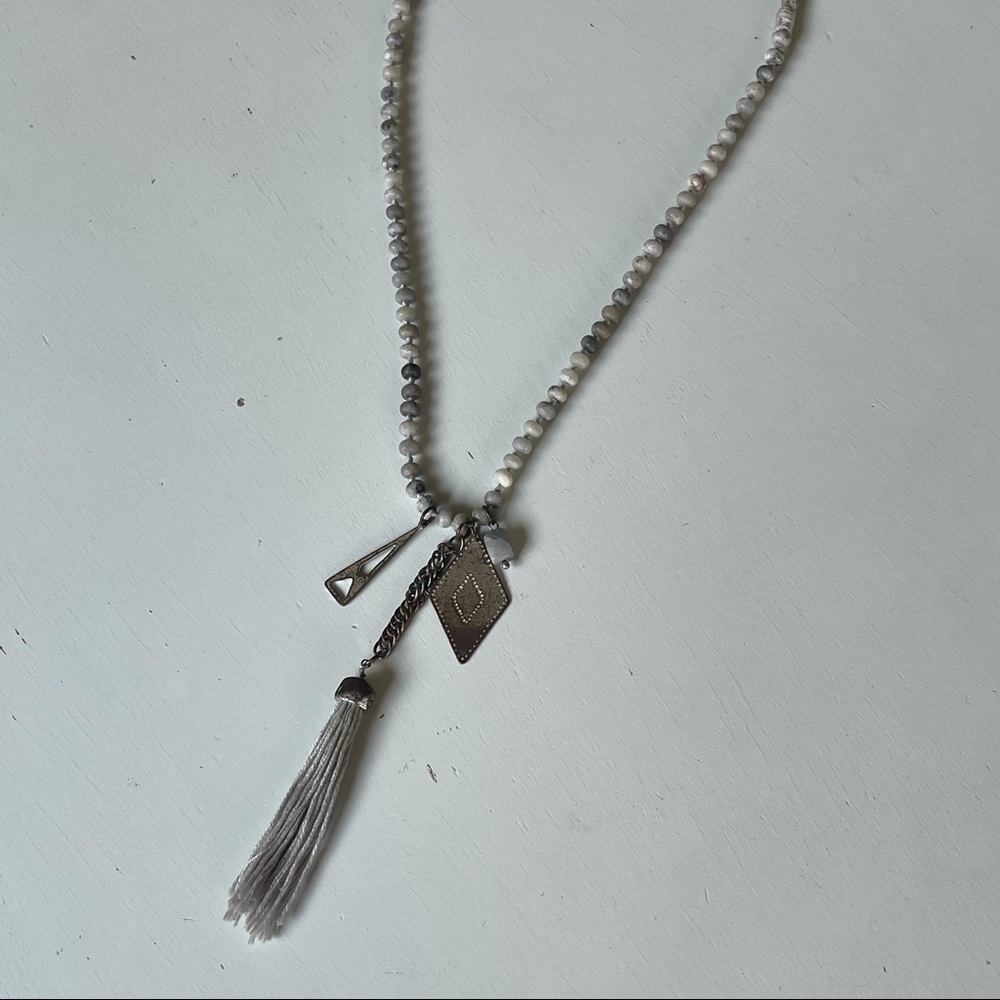Braided and beaded silver long necklace